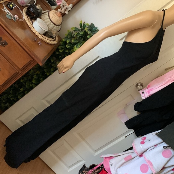 Vtg 90s black backless halter Empire stretch flare jumpsuit onesie pantsuit S M - Picture 9 of 13